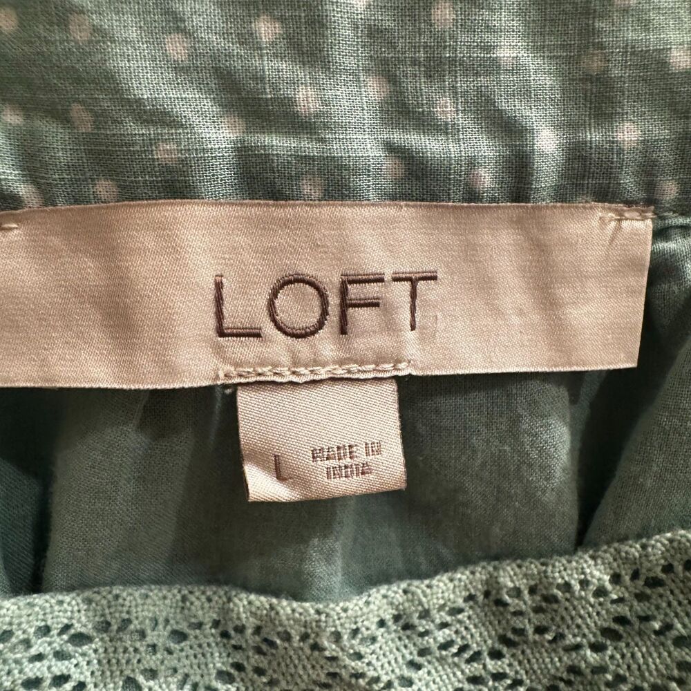 LOFT Women's Green Polka Dot Puff Sleeve Square Neck Cotton Blouse Top Large - Picture 3 of 13
